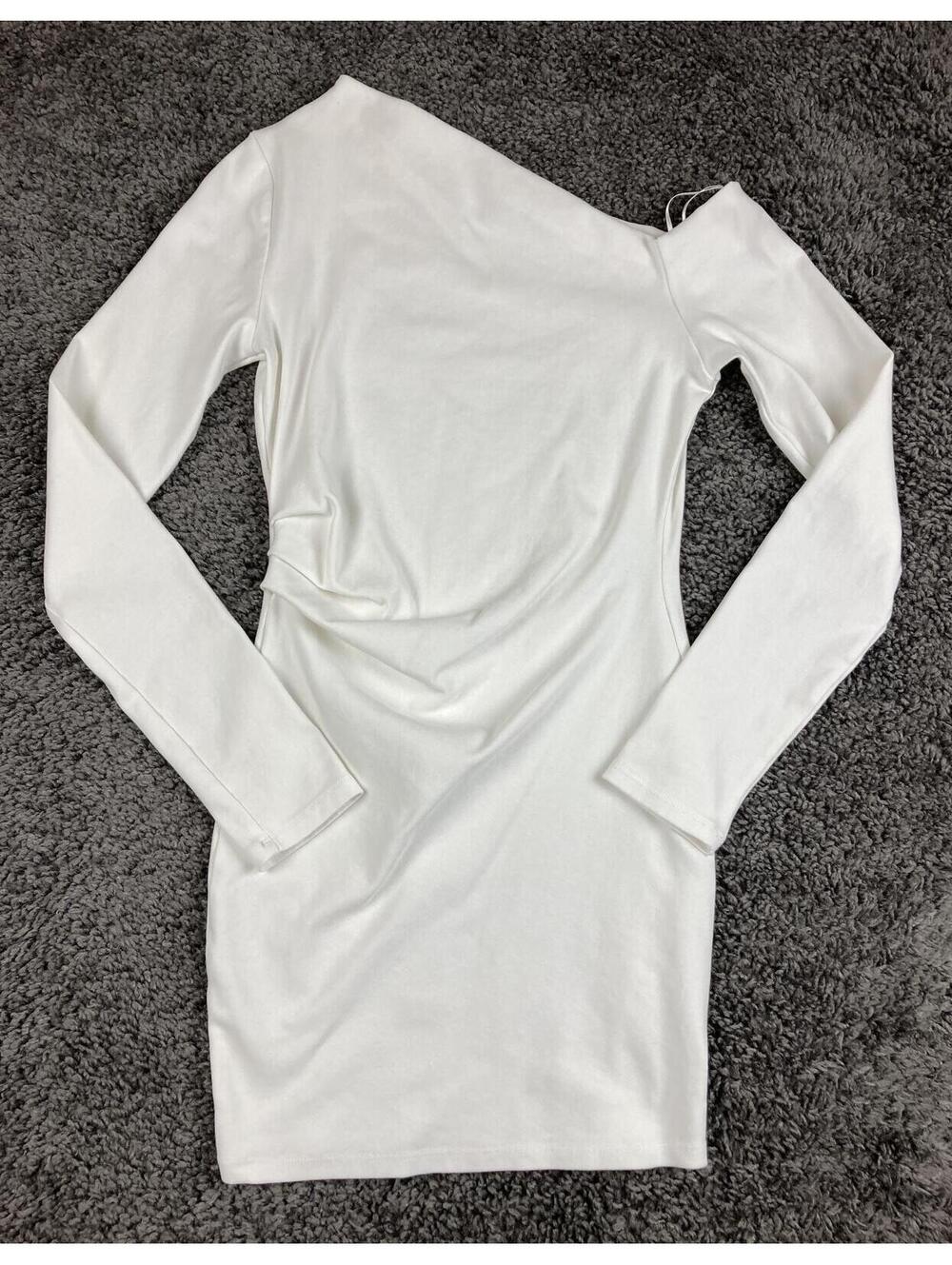 Zara White One Shoulder Mini Dress Long Sleeve Draped Gathered Party Sexy Size M